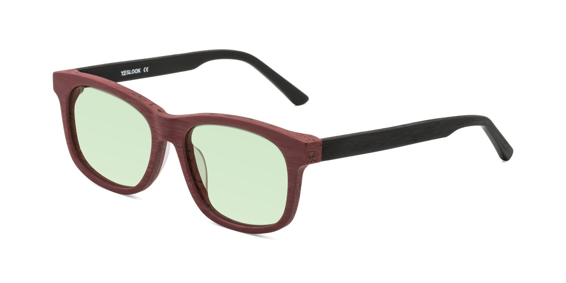 Angle of Alfred in Burgundy-Black Woodgrain with Light Green Tinted Lenses