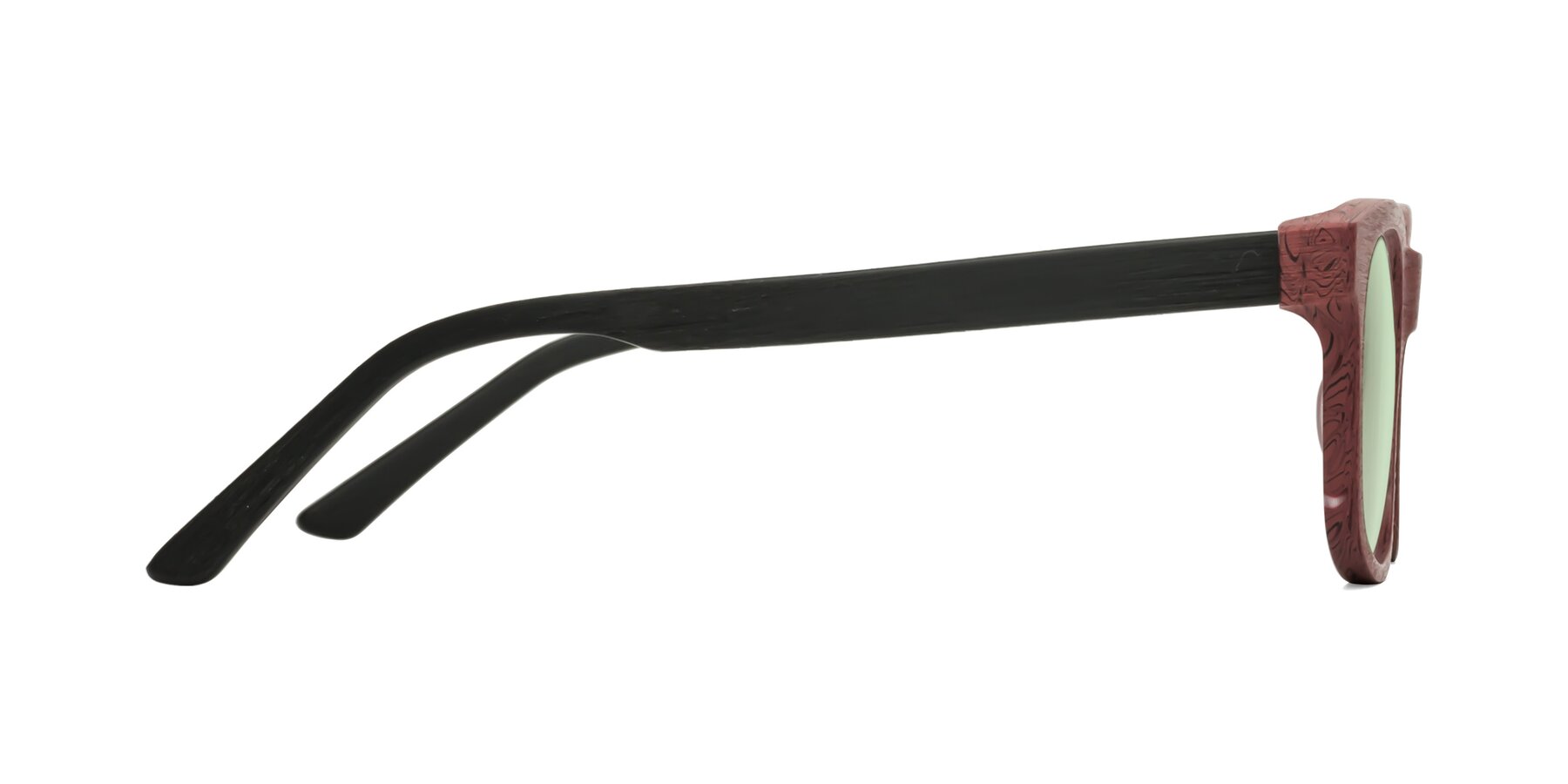 Side of Alfred in Burgundy-Black Woodgrain with Light Green Tinted Lenses