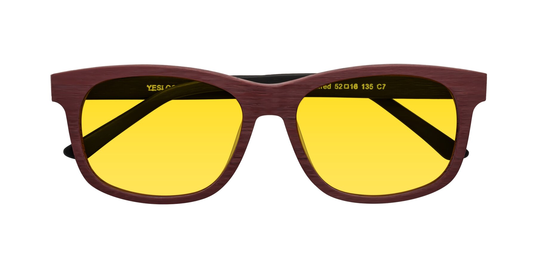 Folded Front of Alfred in Burgundy/Black Woodgrain with Yellow Tinted Lenses