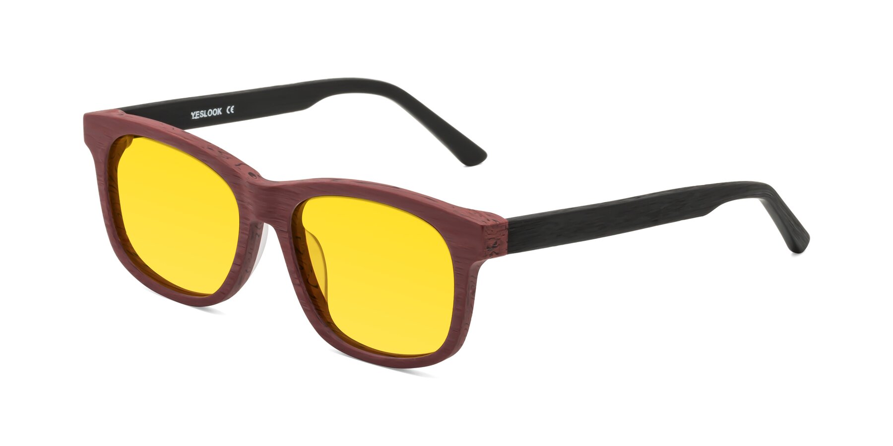Angle of Alfred in Burgundy/Black Woodgrain with Yellow Tinted Lenses