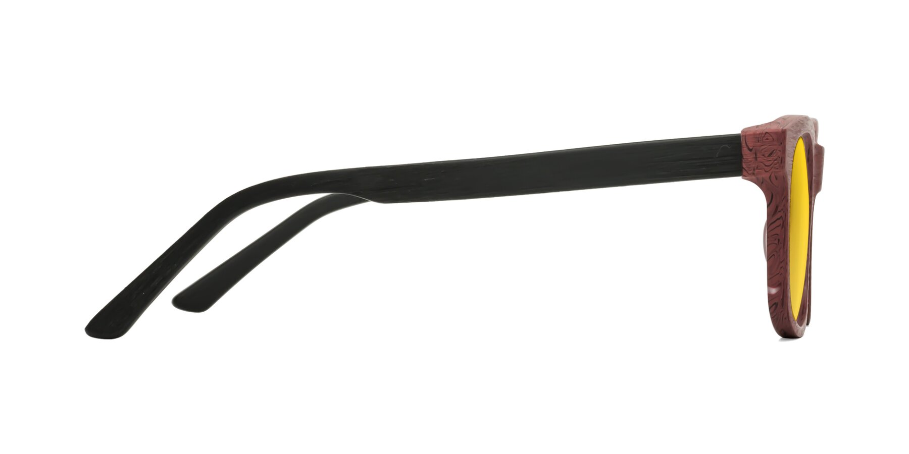 Side of Alfred in Burgundy/Black Woodgrain with Yellow Tinted Lenses