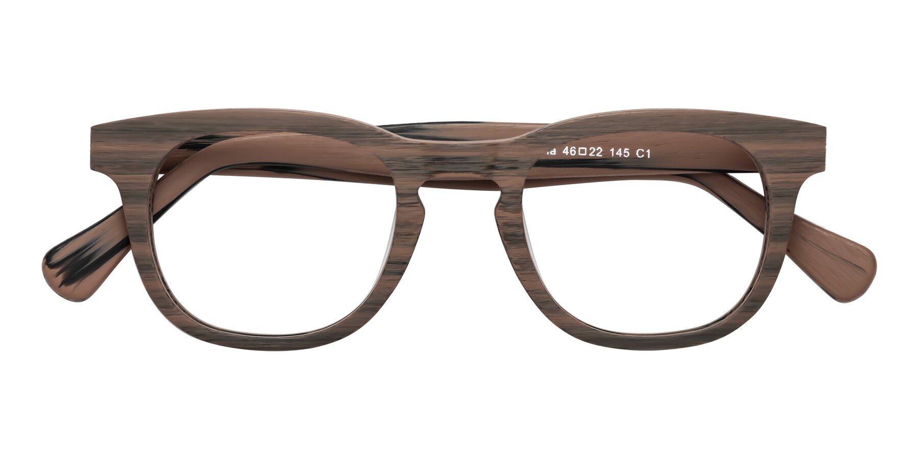 Folded Front of Tonia in Burnt Tan Woodgrain with Clear Eyeglass Lenses