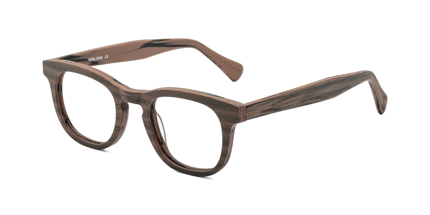 Angle of Tonia in Burnt Tan Woodgrain with Clear Eyeglass Lenses