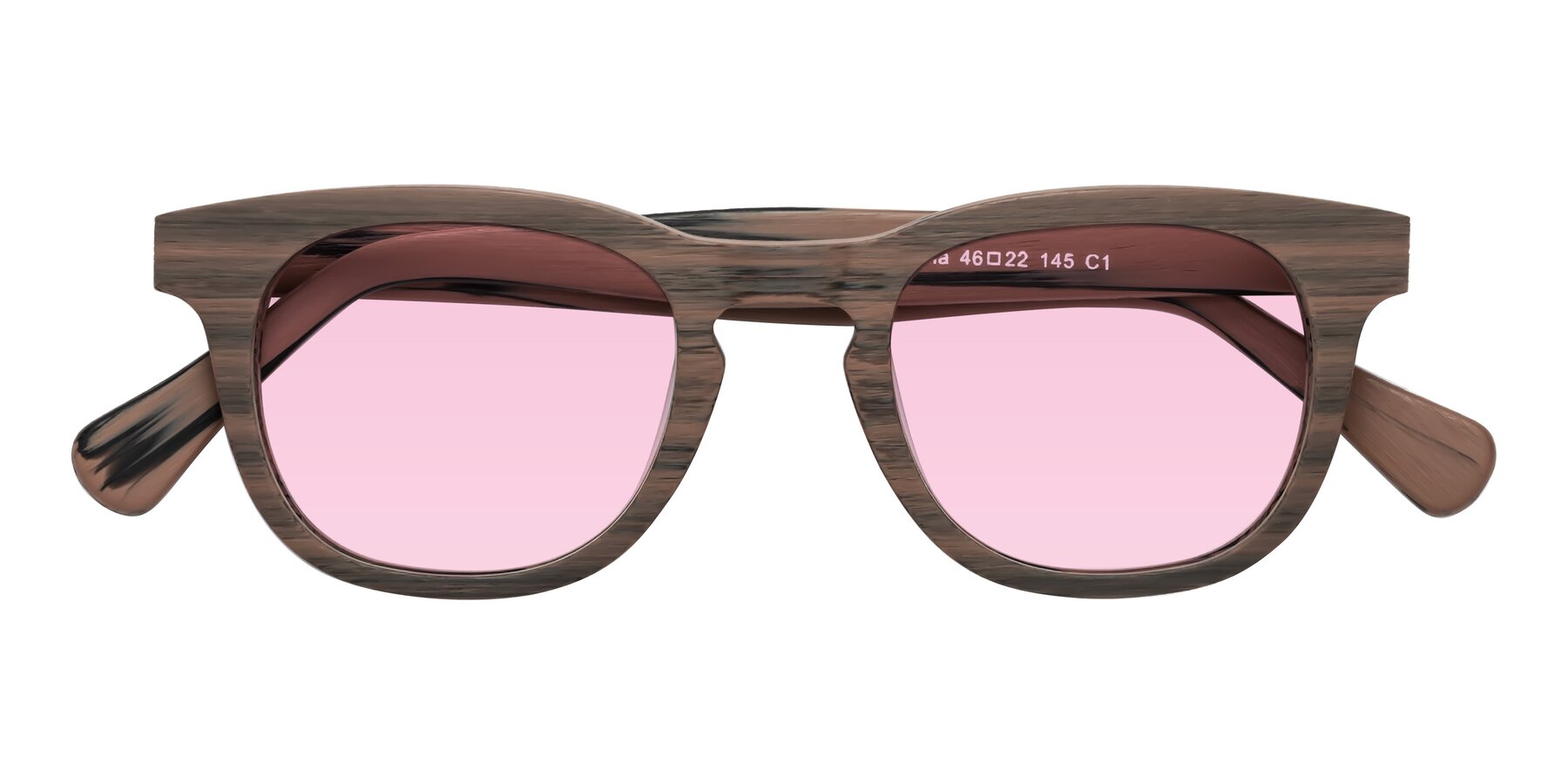 Folded Front of Tonia in Burnt Tan Woodgrain with Light Pink Tinted Lenses