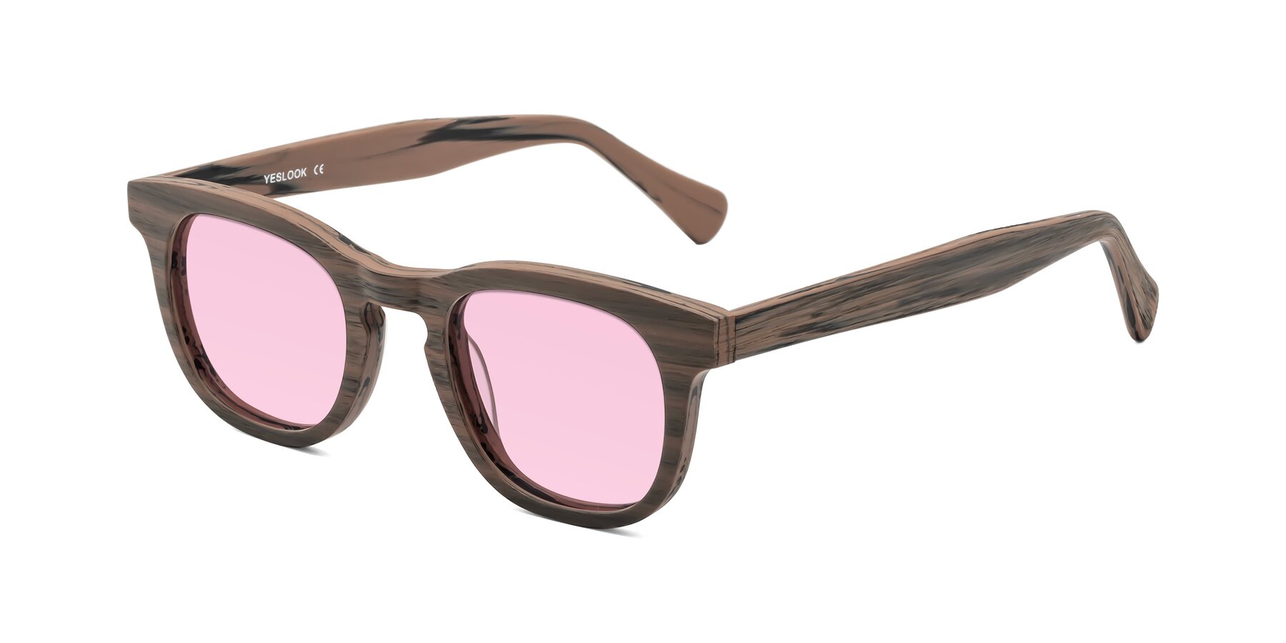 Angle of Tonia in Burnt Tan Woodgrain with Light Pink Tinted Lenses