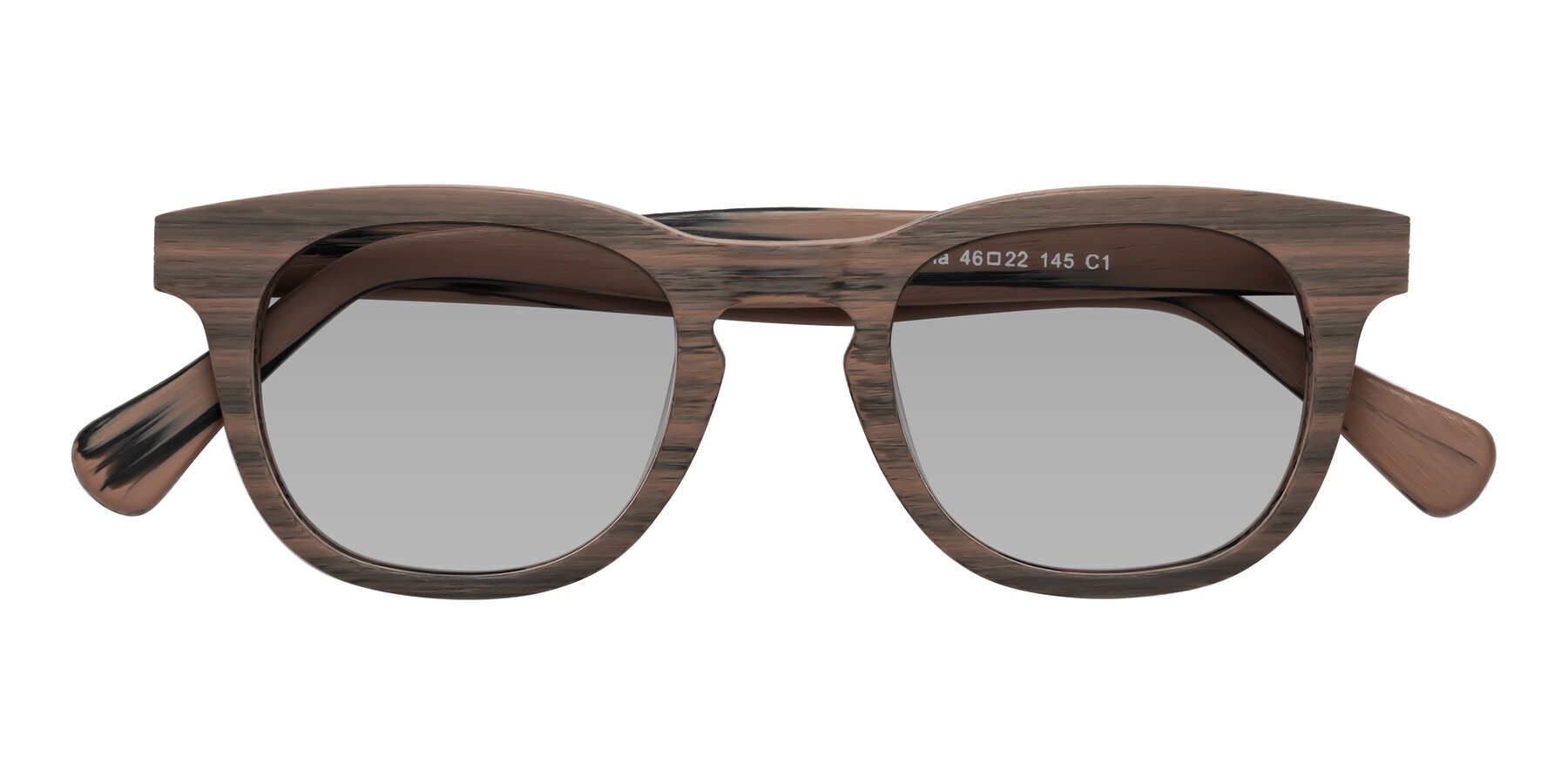 Folded Front of Tonia in Burnt Tan Woodgrain with Light Gray Tinted Lenses