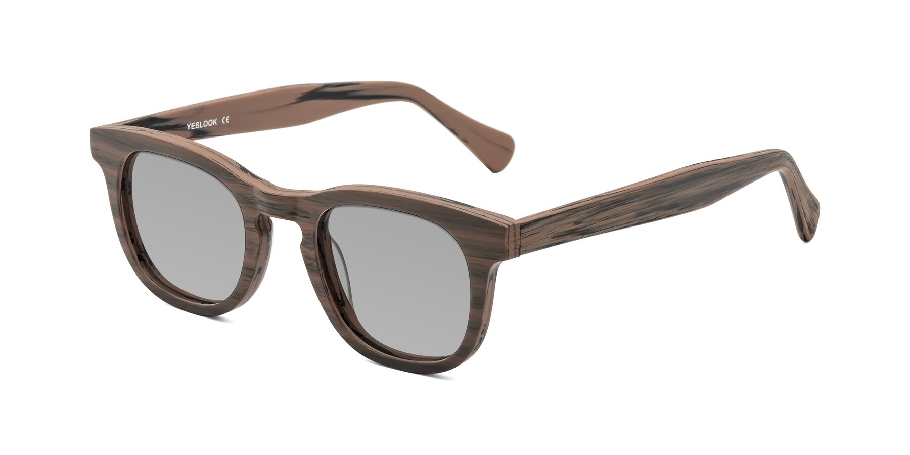 Angle of Tonia in Burnt Tan Woodgrain with Light Gray Tinted Lenses