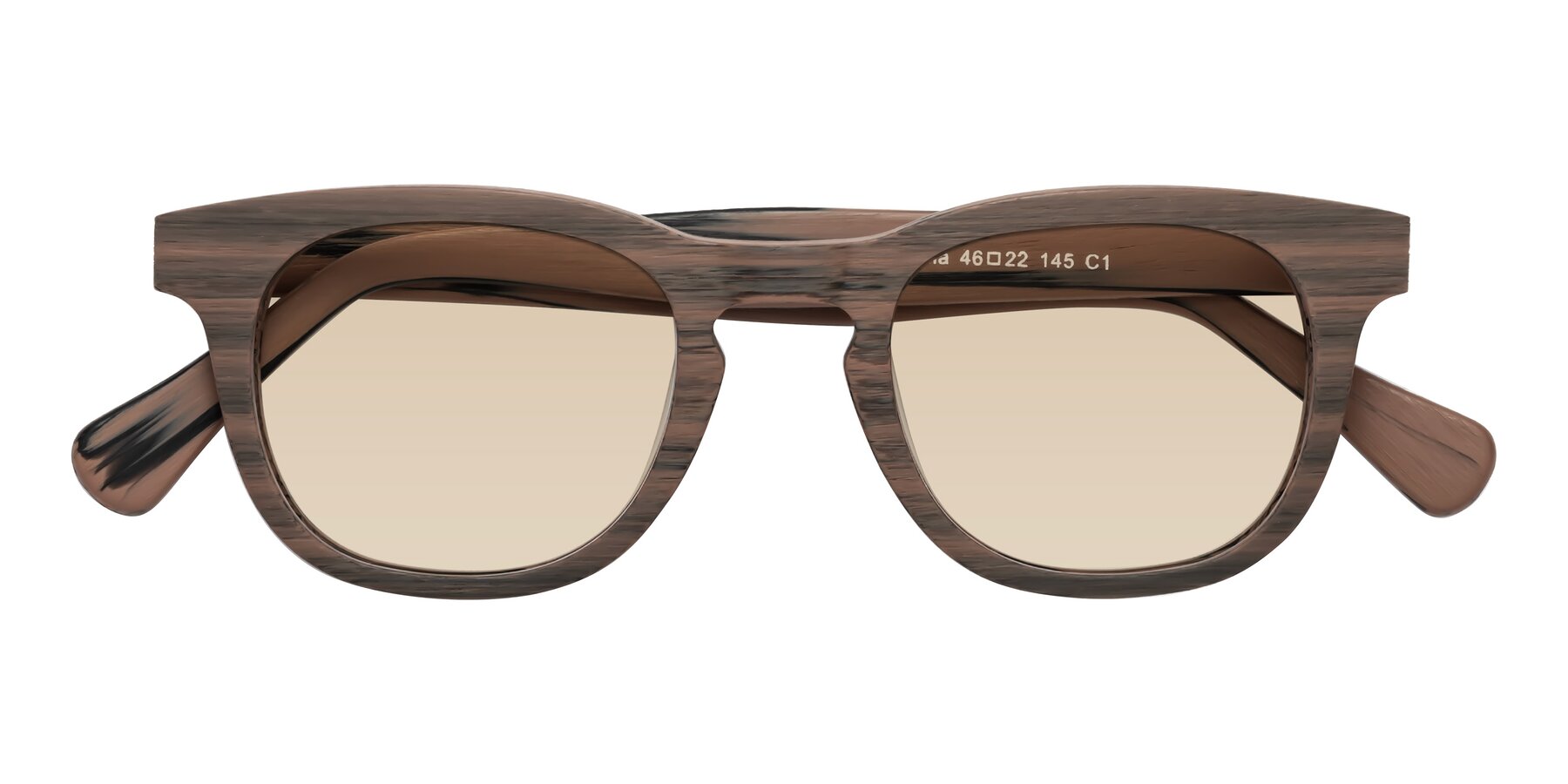 Folded Front of Tonia in Burnt Tan Woodgrain with Light Brown Tinted Lenses