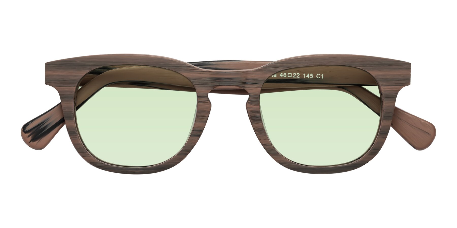 Folded Front of Tonia in Burnt Tan Woodgrain with Light Green Tinted Lenses