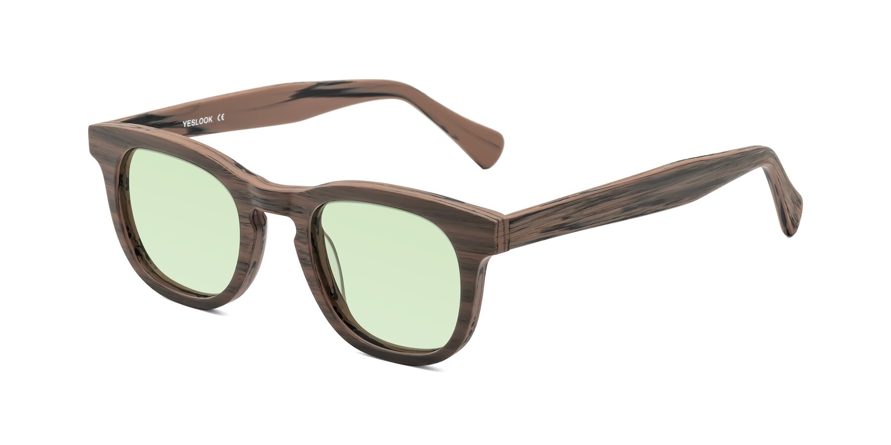 Angle of Tonia in Burnt Tan Woodgrain with Light Green Tinted Lenses