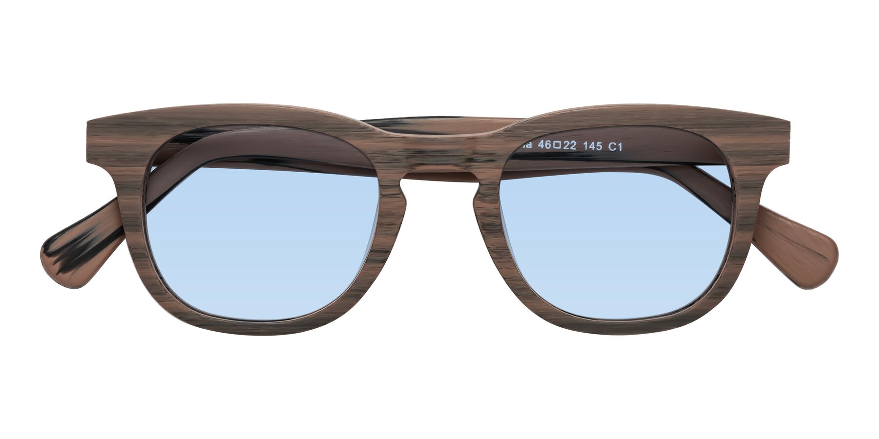 Folded Front of Tonia in Burnt Tan Woodgrain with Light Blue Tinted Lenses