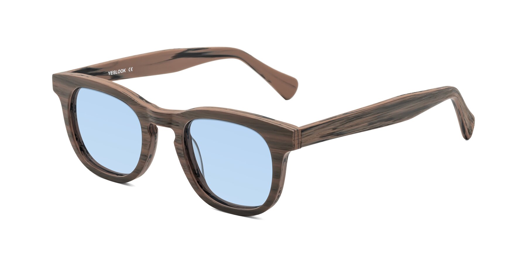 Angle of Tonia in Burnt Tan Woodgrain with Light Blue Tinted Lenses