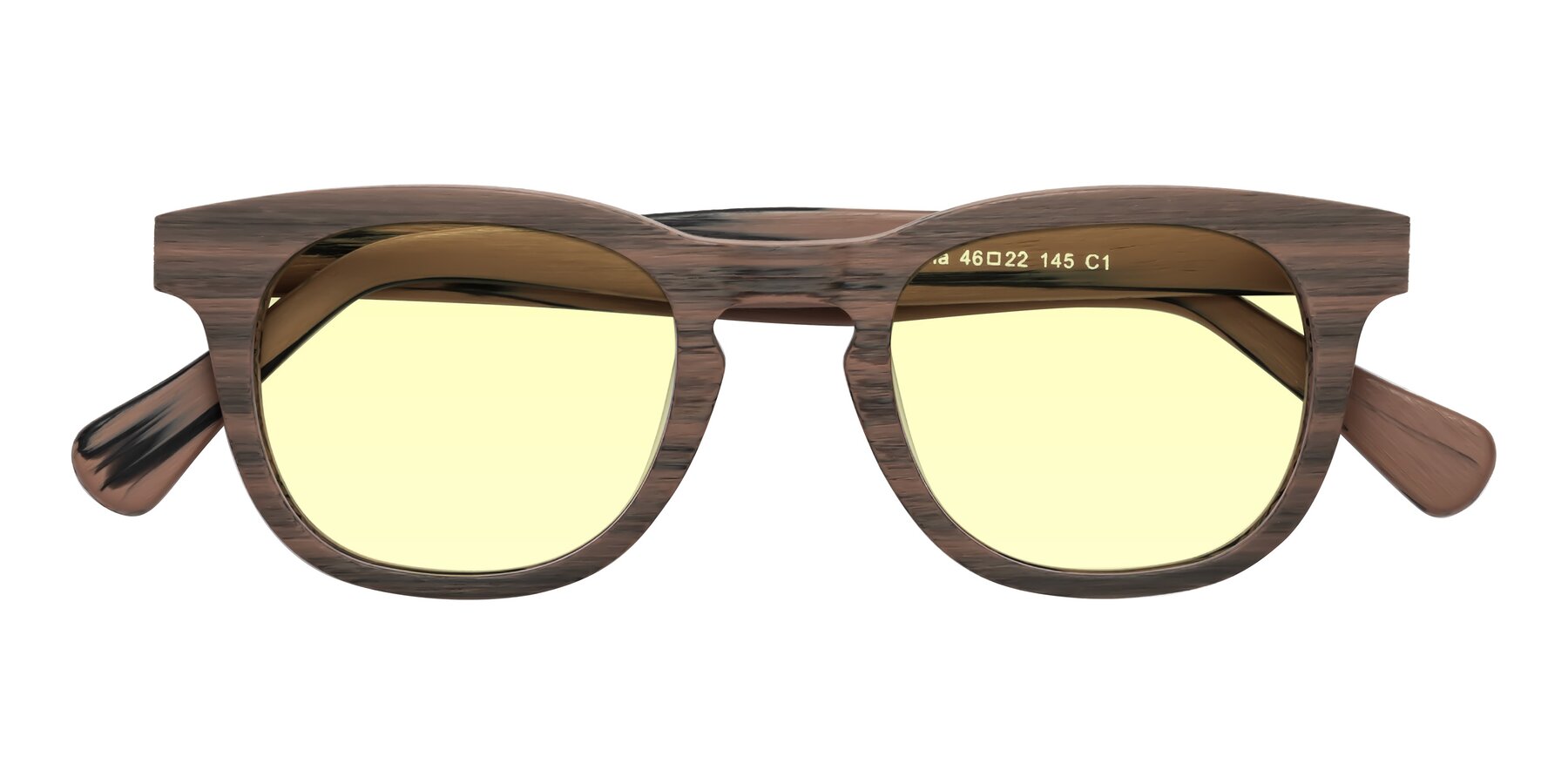 Folded Front of Tonia in Burnt Tan Woodgrain with Light Yellow Tinted Lenses