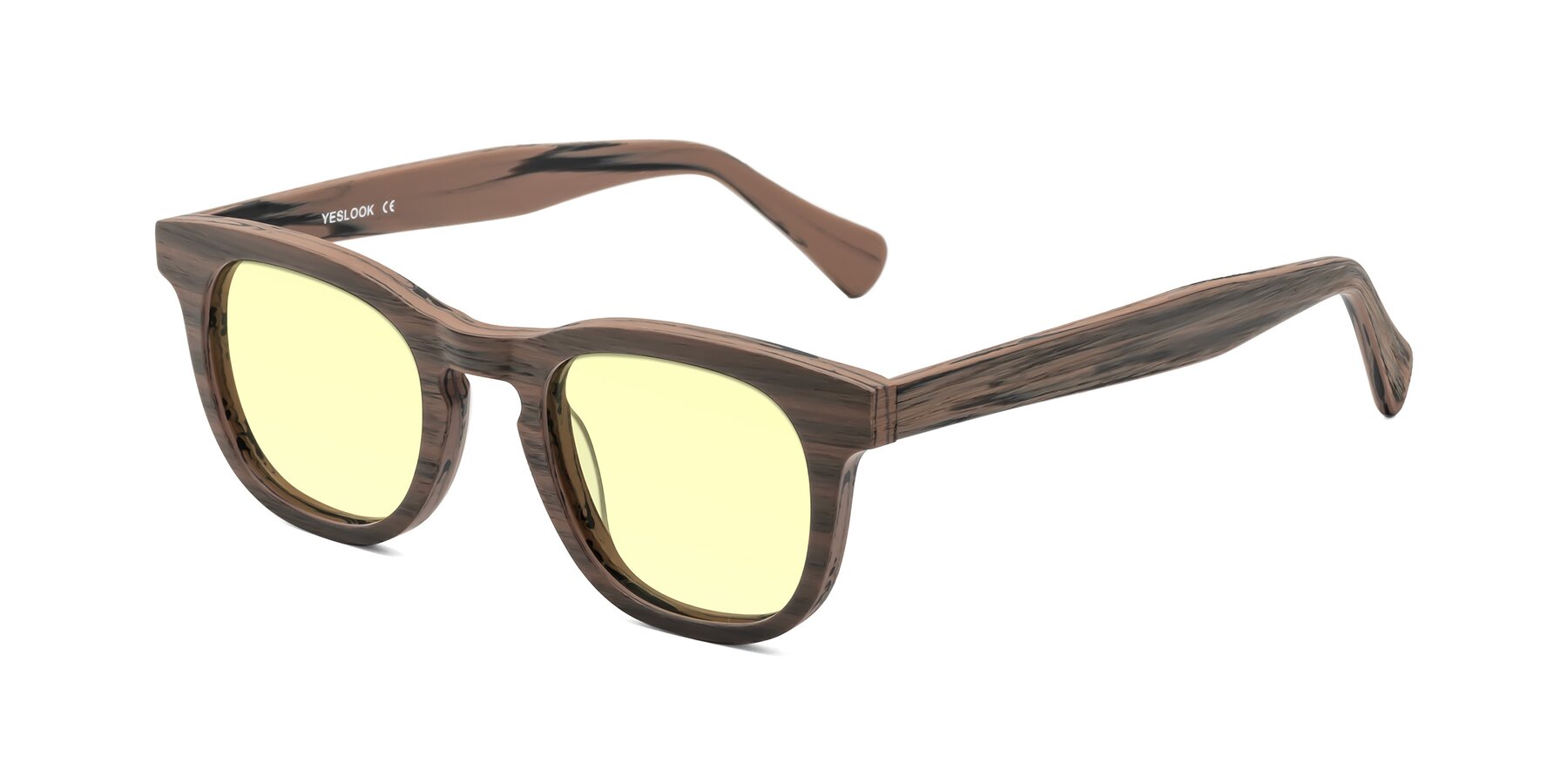 Angle of Tonia in Burnt Tan Woodgrain with Light Yellow Tinted Lenses