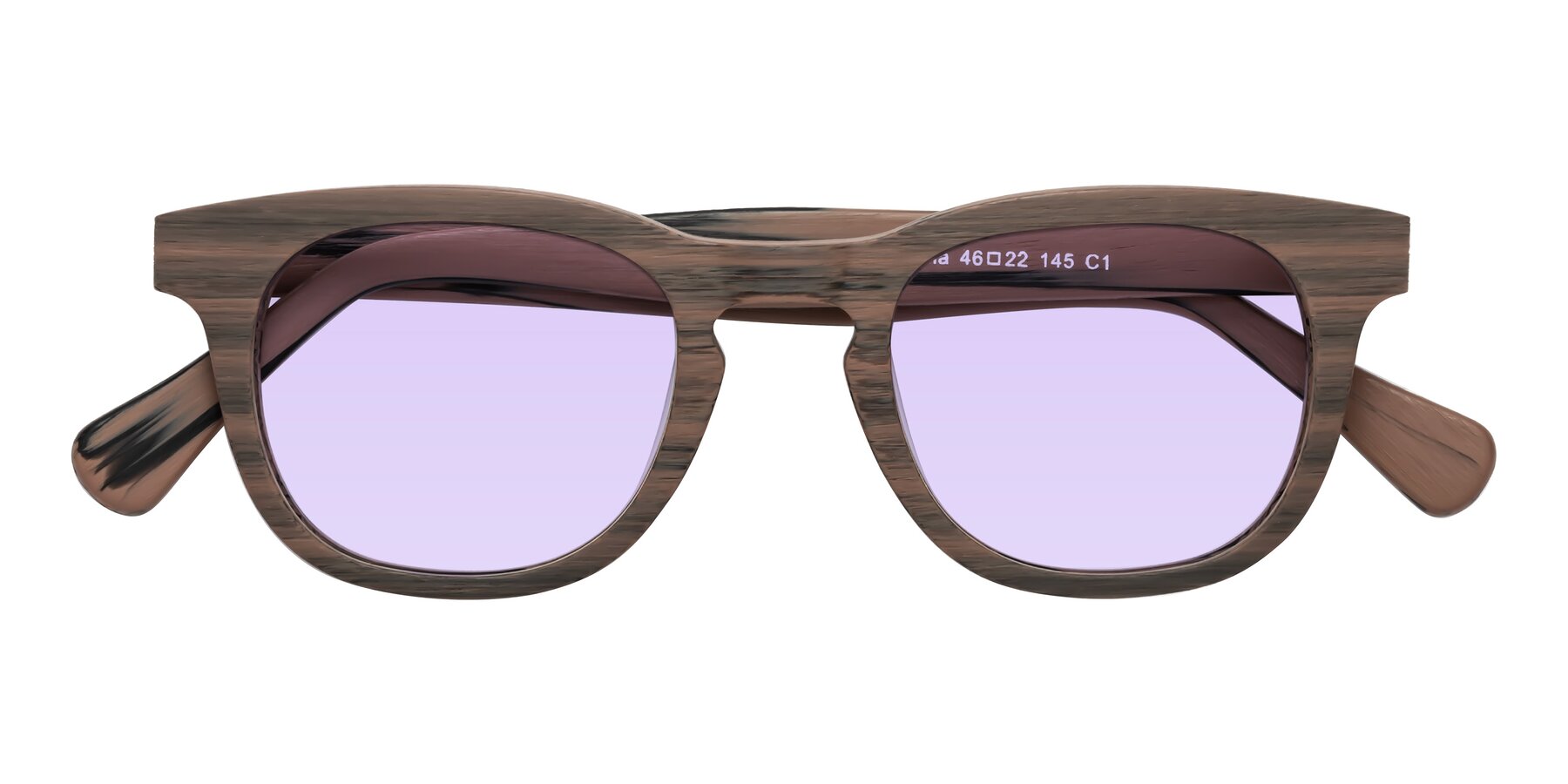 Folded Front of Tonia in Burnt Tan Woodgrain with Light Purple Tinted Lenses