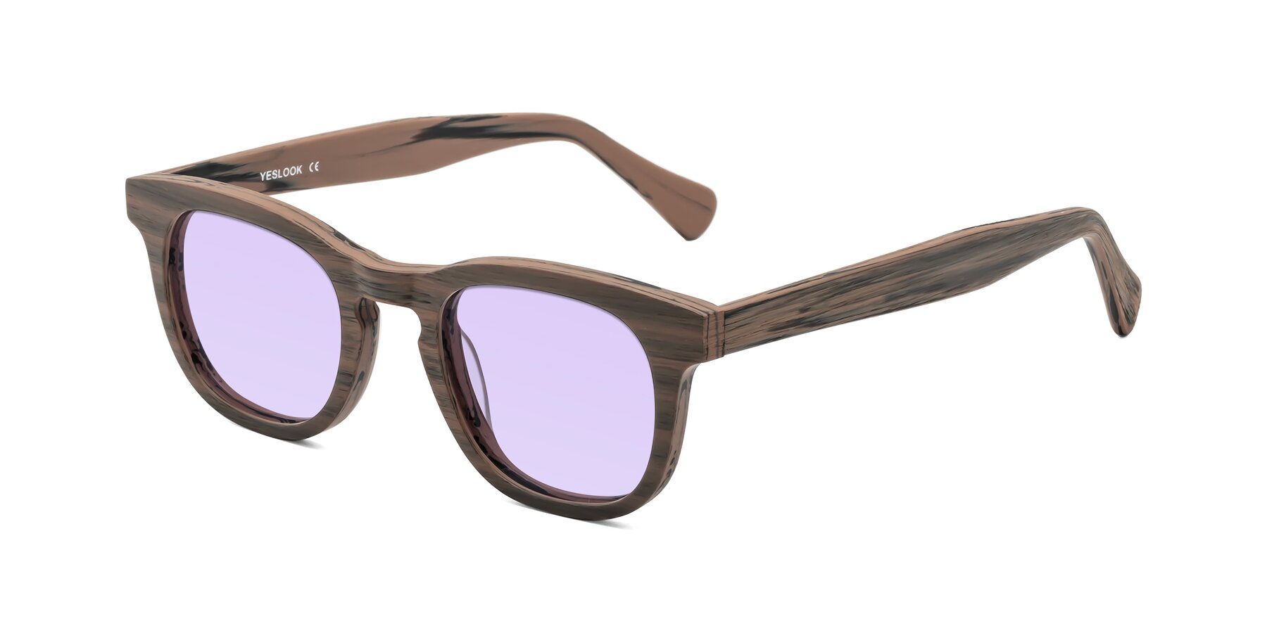 Angle of Tonia in Burnt Tan Woodgrain with Light Purple Tinted Lenses