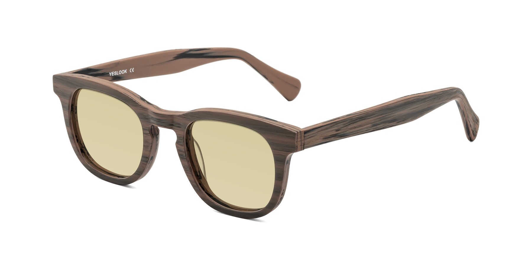 Angle of Tonia in Burnt Tan Woodgrain with Light Champagne Tinted Lenses