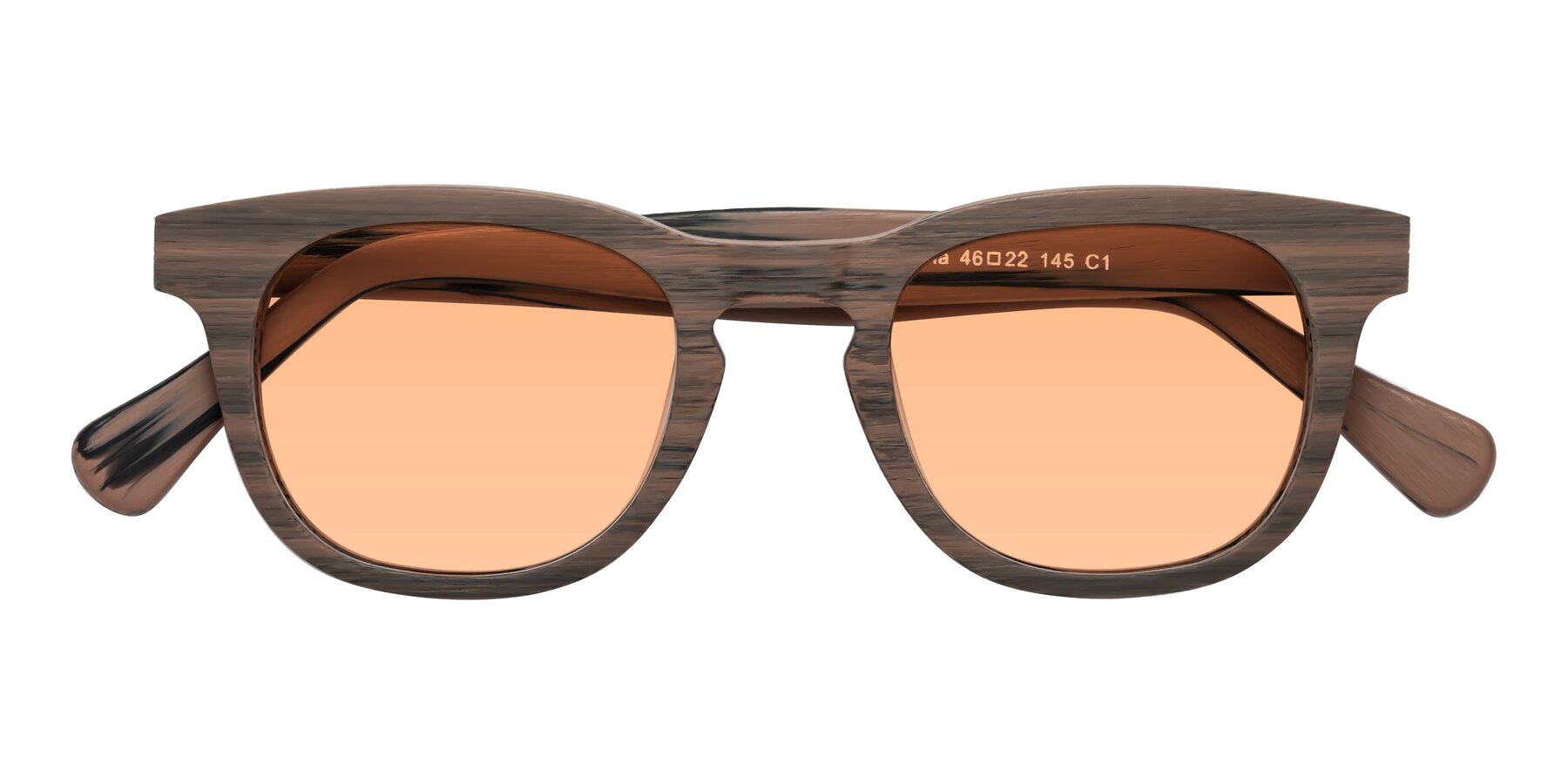 Folded Front of Tonia in Burnt Tan Woodgrain with Light Orange Tinted Lenses