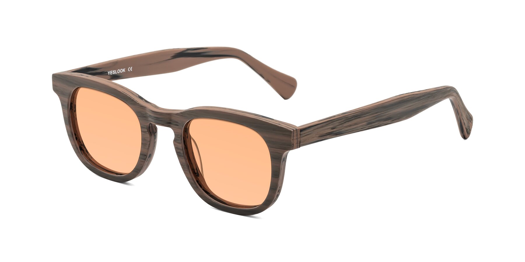 Angle of Tonia in Burnt Tan Woodgrain with Light Orange Tinted Lenses