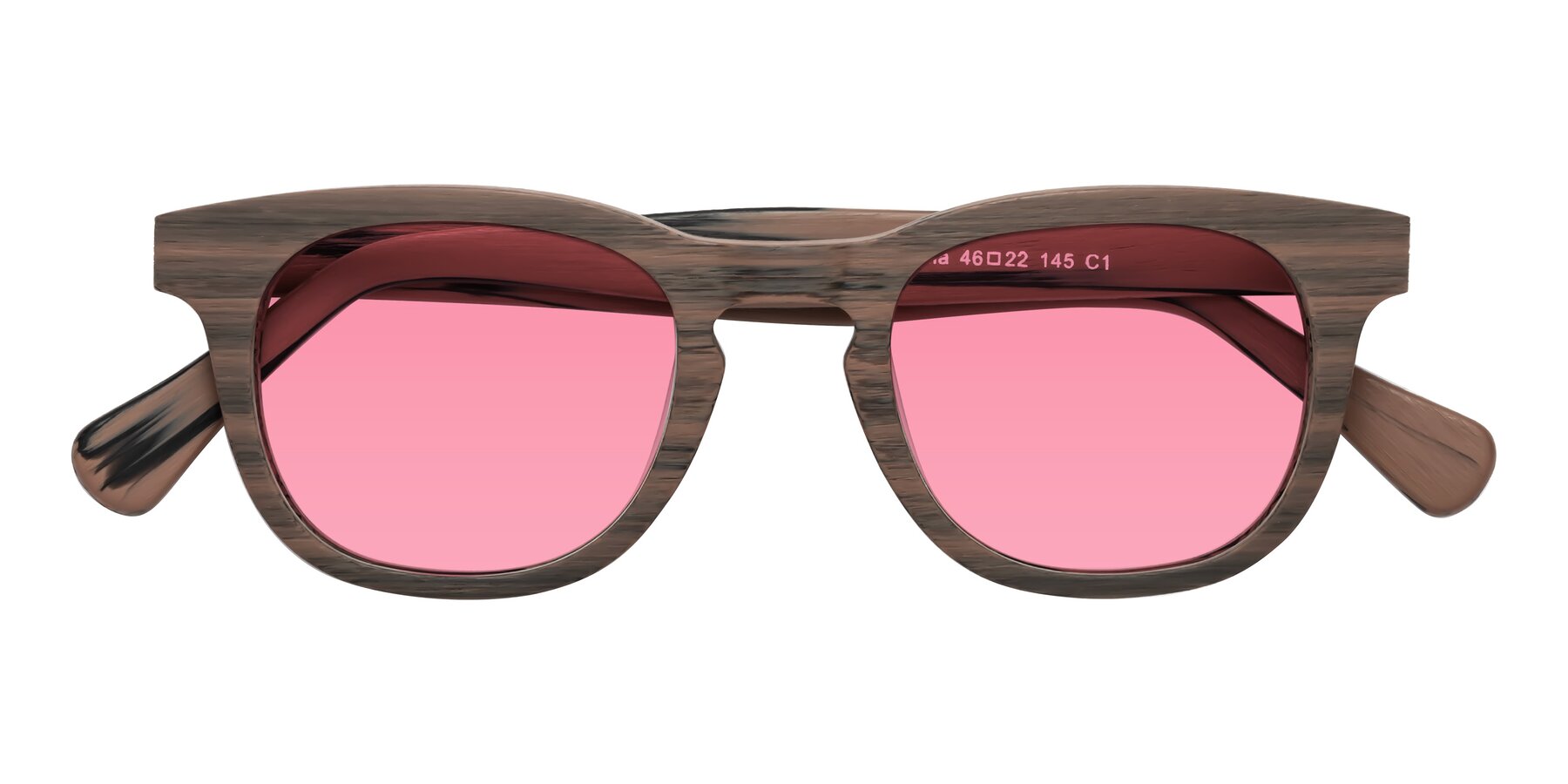 Folded Front of Tonia in Burnt Tan Woodgrain with Pink Tinted Lenses