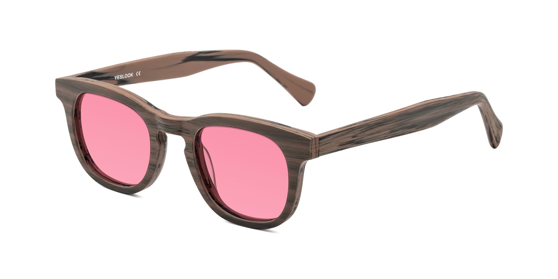 Angle of Tonia in Burnt Tan Woodgrain with Pink Tinted Lenses