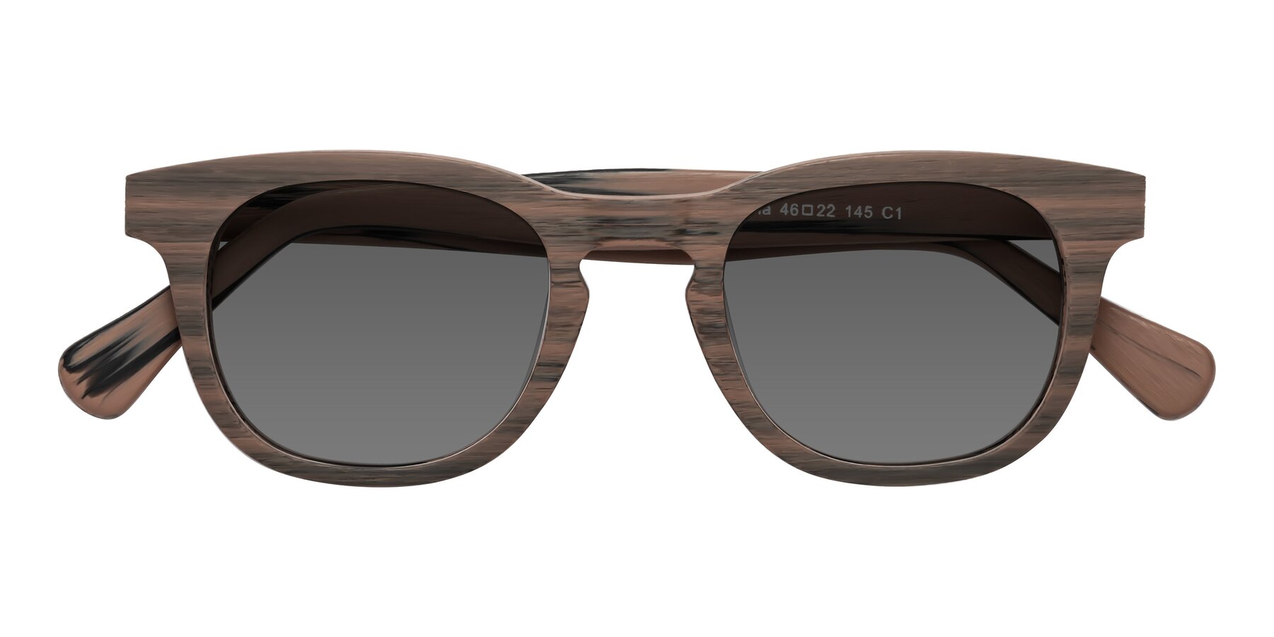 Folded Front of Tonia in Burnt Tan Woodgrain with Medium Gray Tinted Lenses