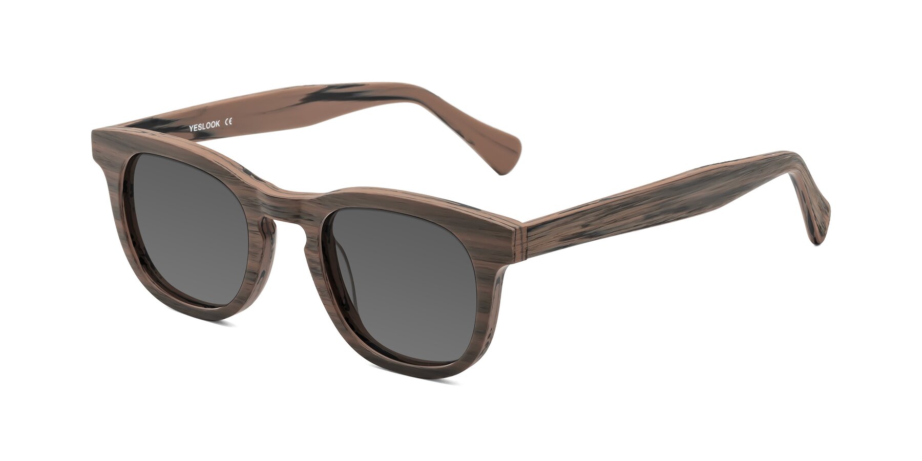 Angle of Tonia in Burnt Tan Woodgrain with Medium Gray Tinted Lenses