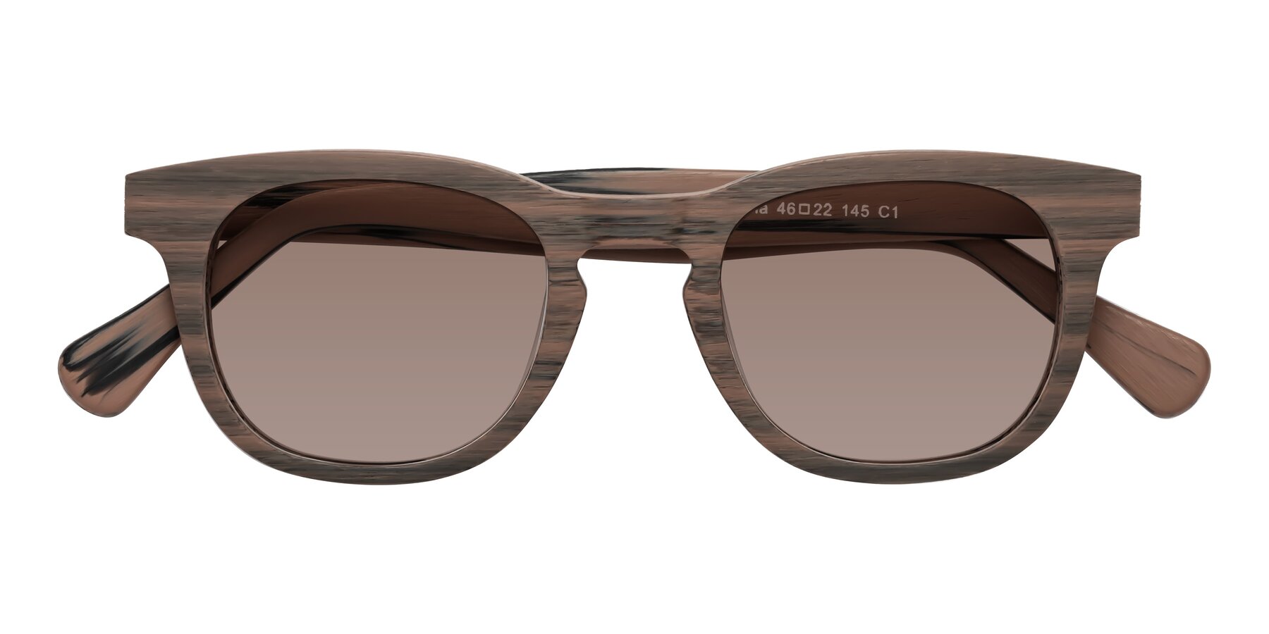 Folded Front of Tonia in Burnt Tan Woodgrain with Medium Brown Tinted Lenses