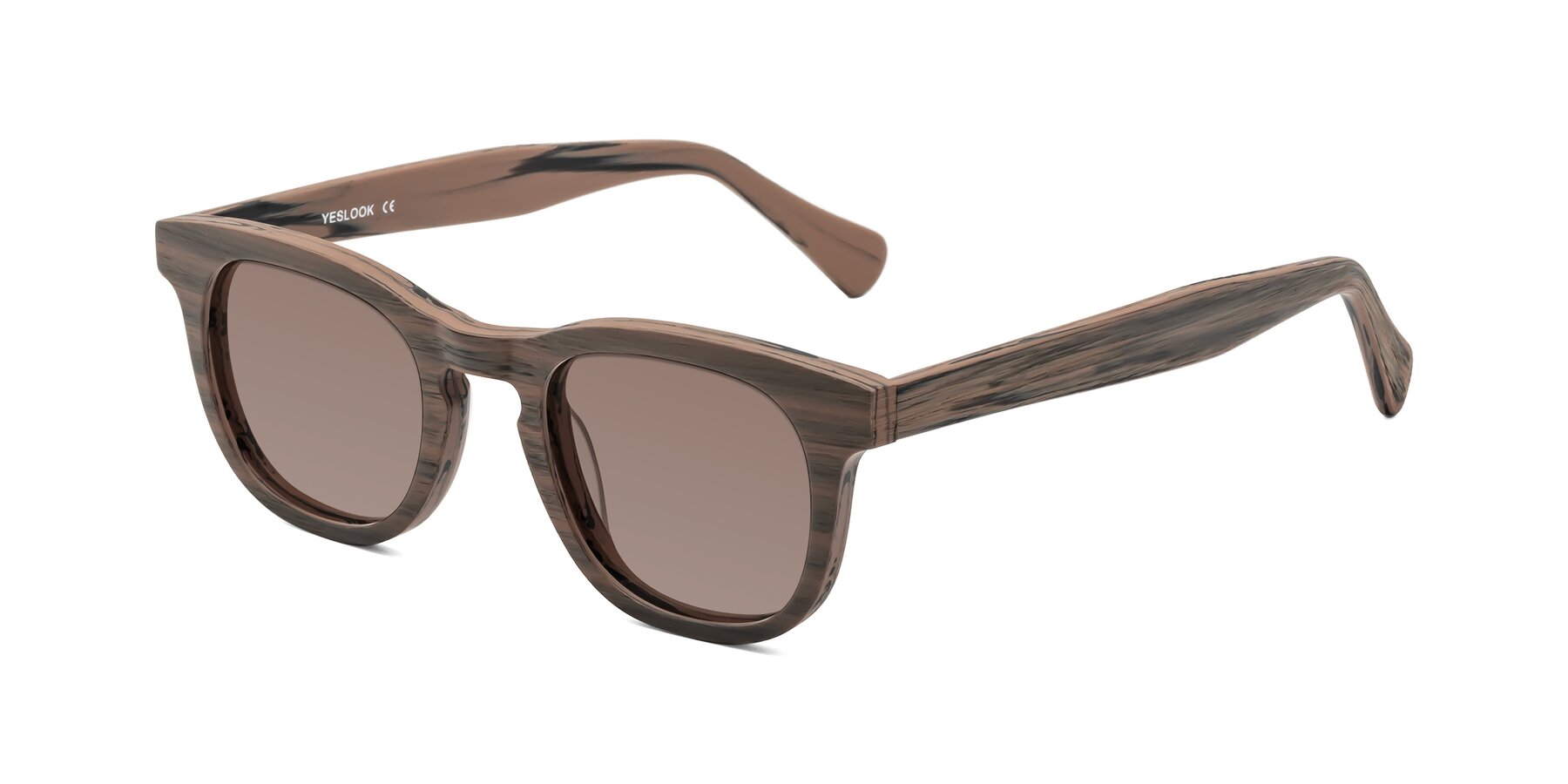 Angle of Tonia in Burnt Tan Woodgrain with Medium Brown Tinted Lenses