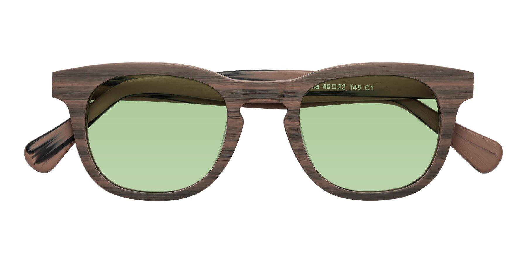 Folded Front of Tonia in Burnt Tan Woodgrain with Medium Green Tinted Lenses