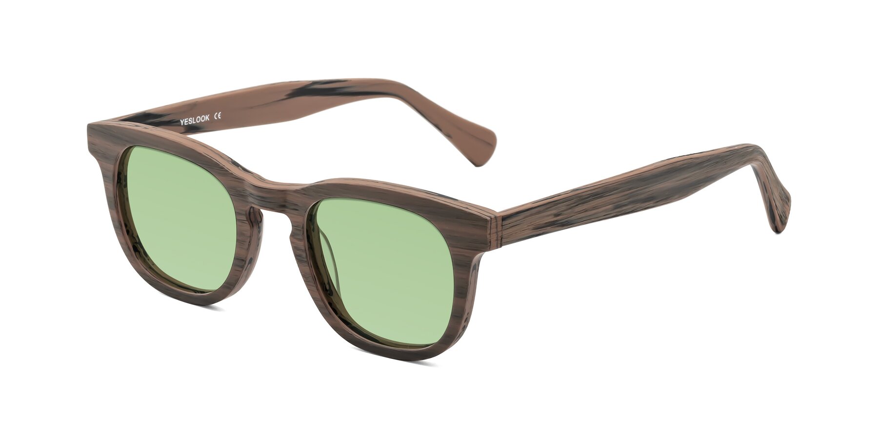 Angle of Tonia in Burnt Tan Woodgrain with Medium Green Tinted Lenses