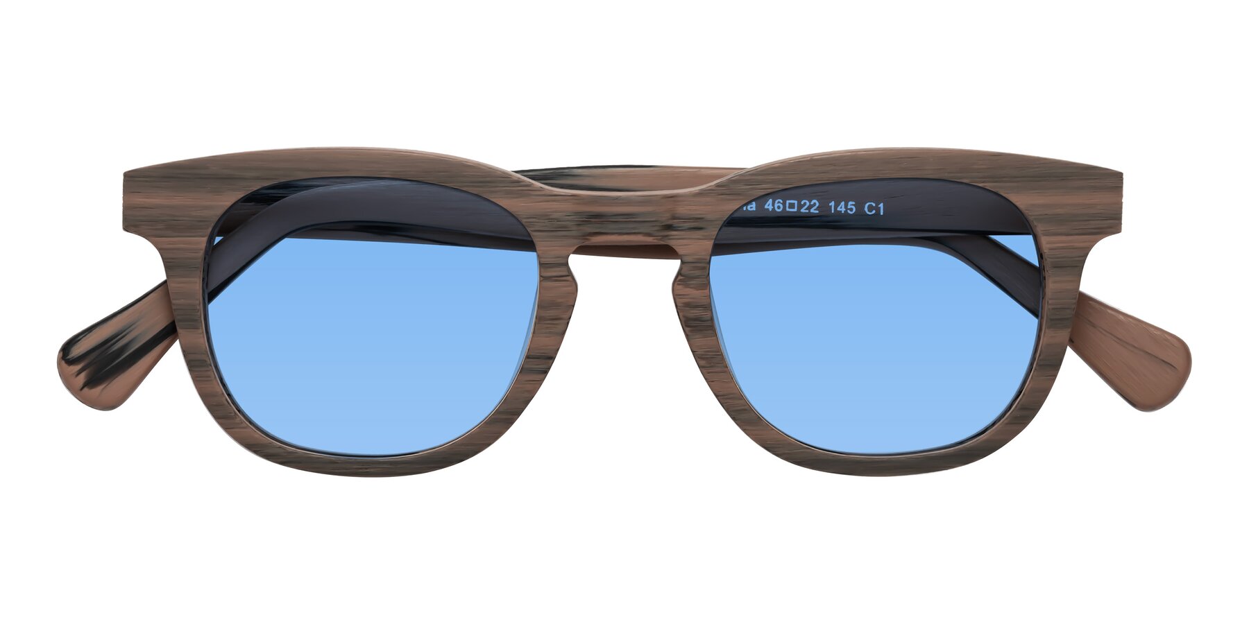 Folded Front of Tonia in Burnt Tan Woodgrain with Medium Blue Tinted Lenses