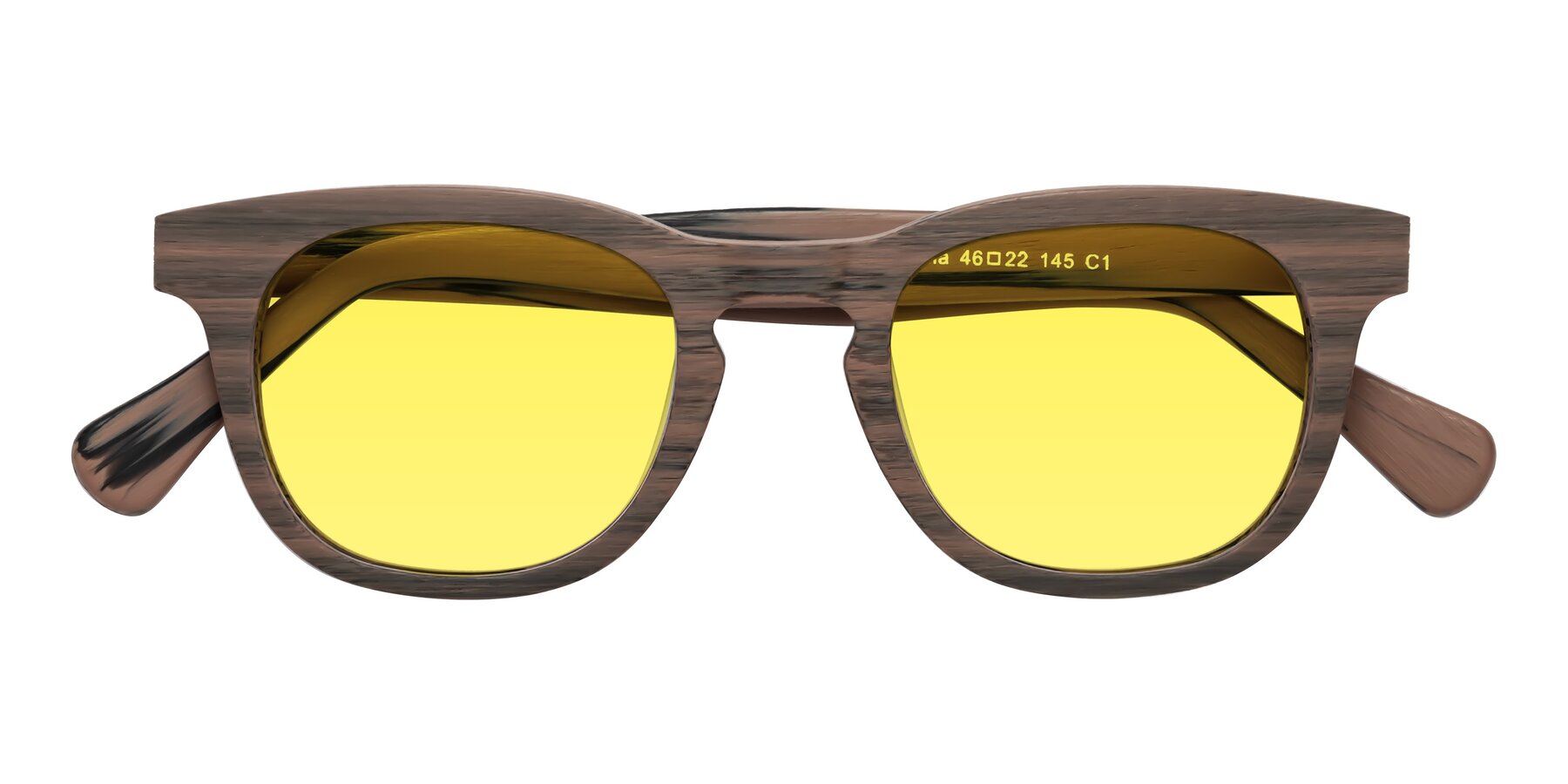 Folded Front of Tonia in Burnt Tan Woodgrain with Medium Yellow Tinted Lenses