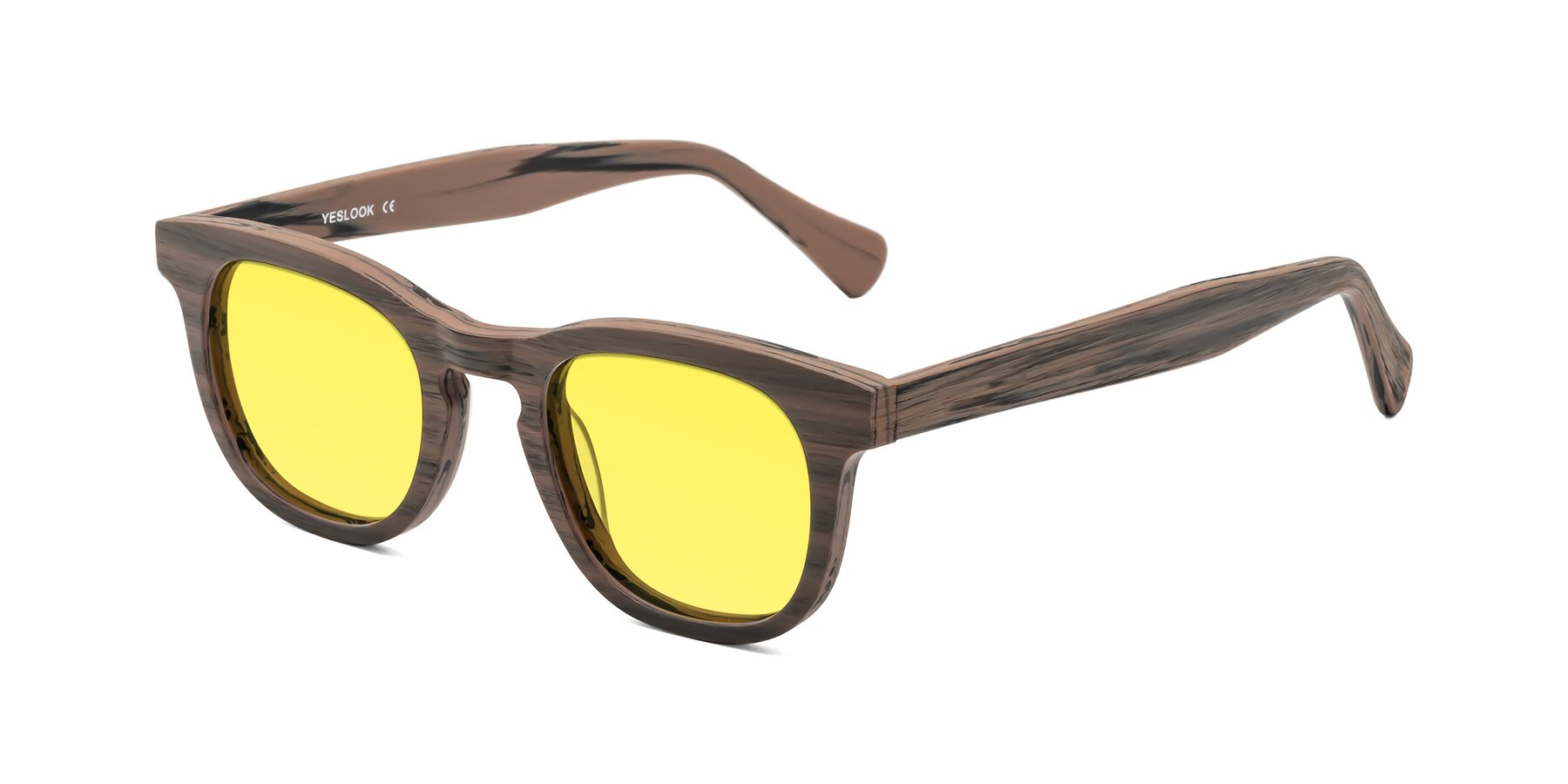 Angle of Tonia in Burnt Tan Woodgrain with Medium Yellow Tinted Lenses