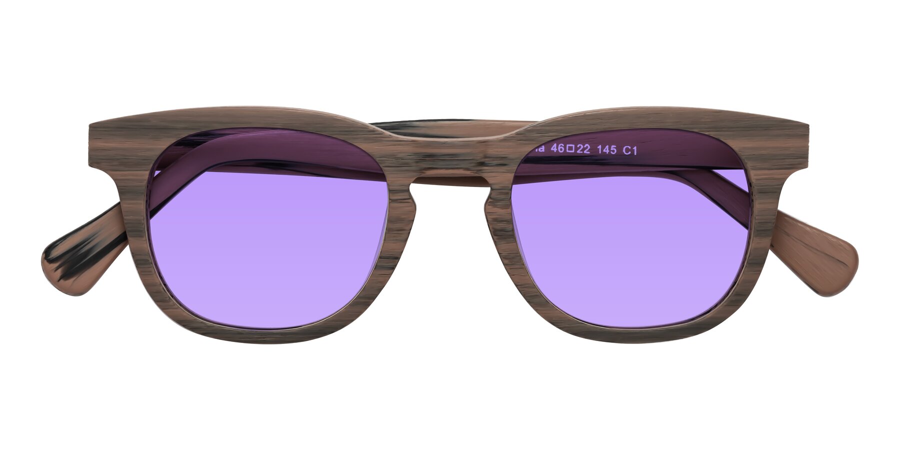 Folded Front of Tonia in Burnt Tan Woodgrain with Medium Purple Tinted Lenses