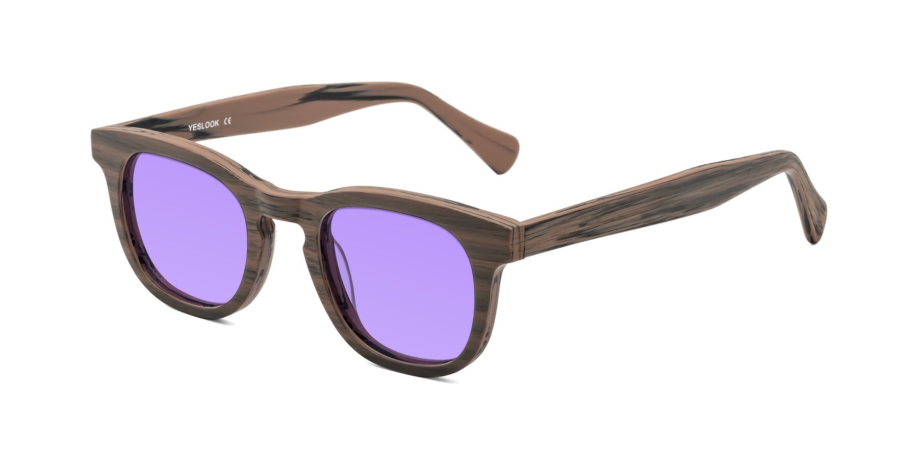 Angle of Tonia in Burnt Tan Woodgrain with Medium Purple Tinted Lenses