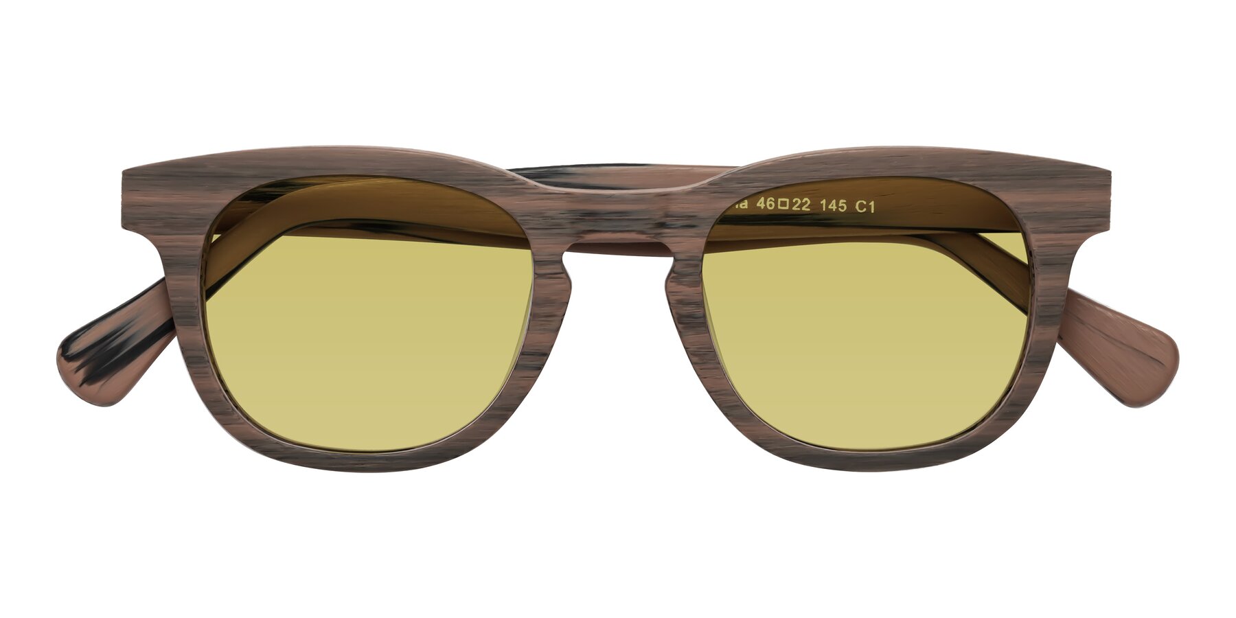 Folded Front of Tonia in Burnt Tan Woodgrain with Medium Champagne Tinted Lenses