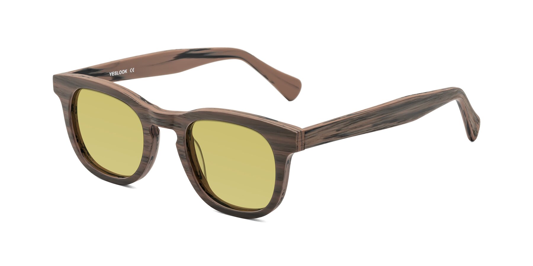 Angle of Tonia in Burnt Tan Woodgrain with Medium Champagne Tinted Lenses