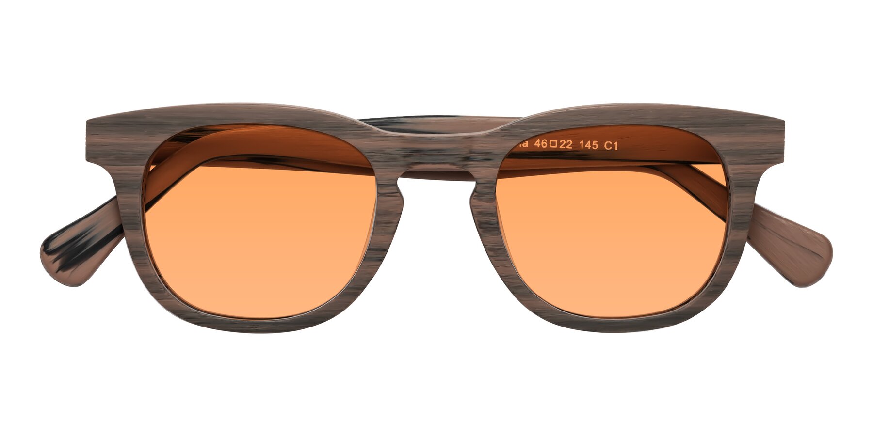 Folded Front of Tonia in Burnt Tan Woodgrain with Medium Orange Tinted Lenses