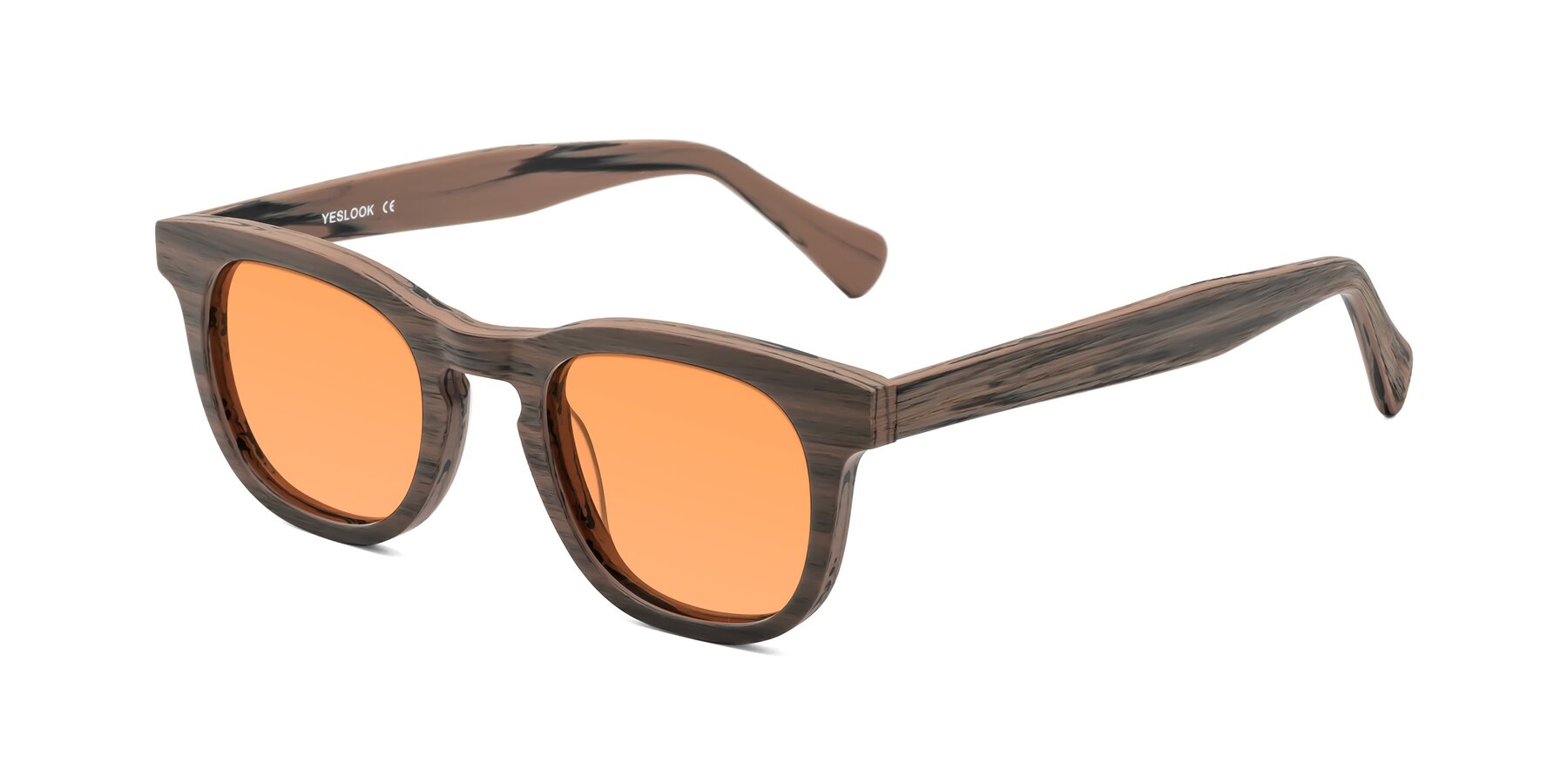 Angle of Tonia in Burnt Tan Woodgrain with Medium Orange Tinted Lenses