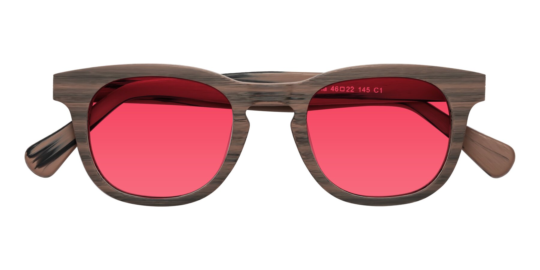 Folded Front of Tonia in Burnt Tan Woodgrain with Red Tinted Lenses