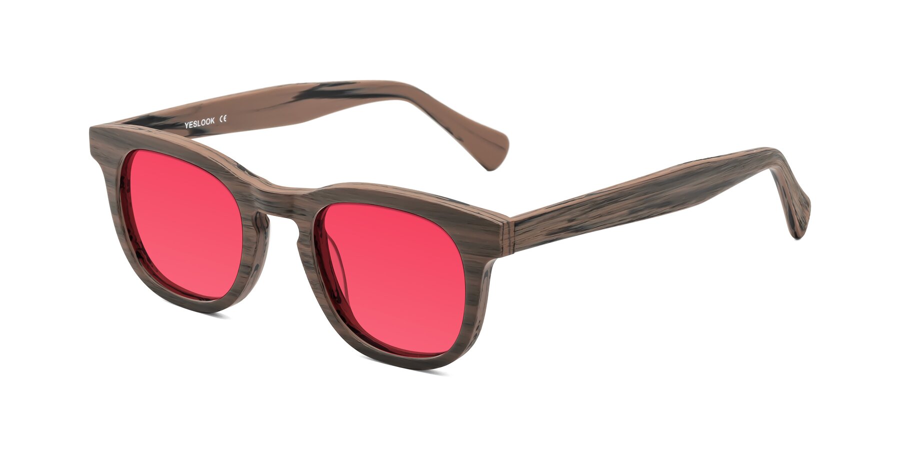 Angle of Tonia in Burnt Tan Woodgrain with Red Tinted Lenses