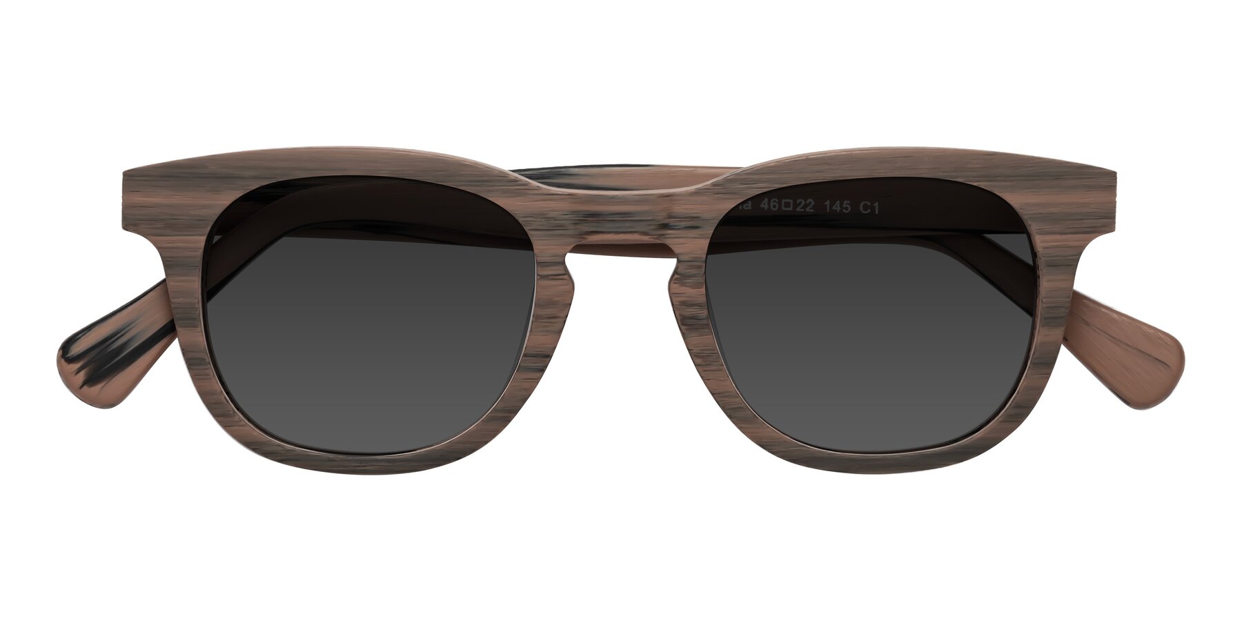 Folded Front of Tonia in Burnt Tan Woodgrain with Gray Tinted Lenses