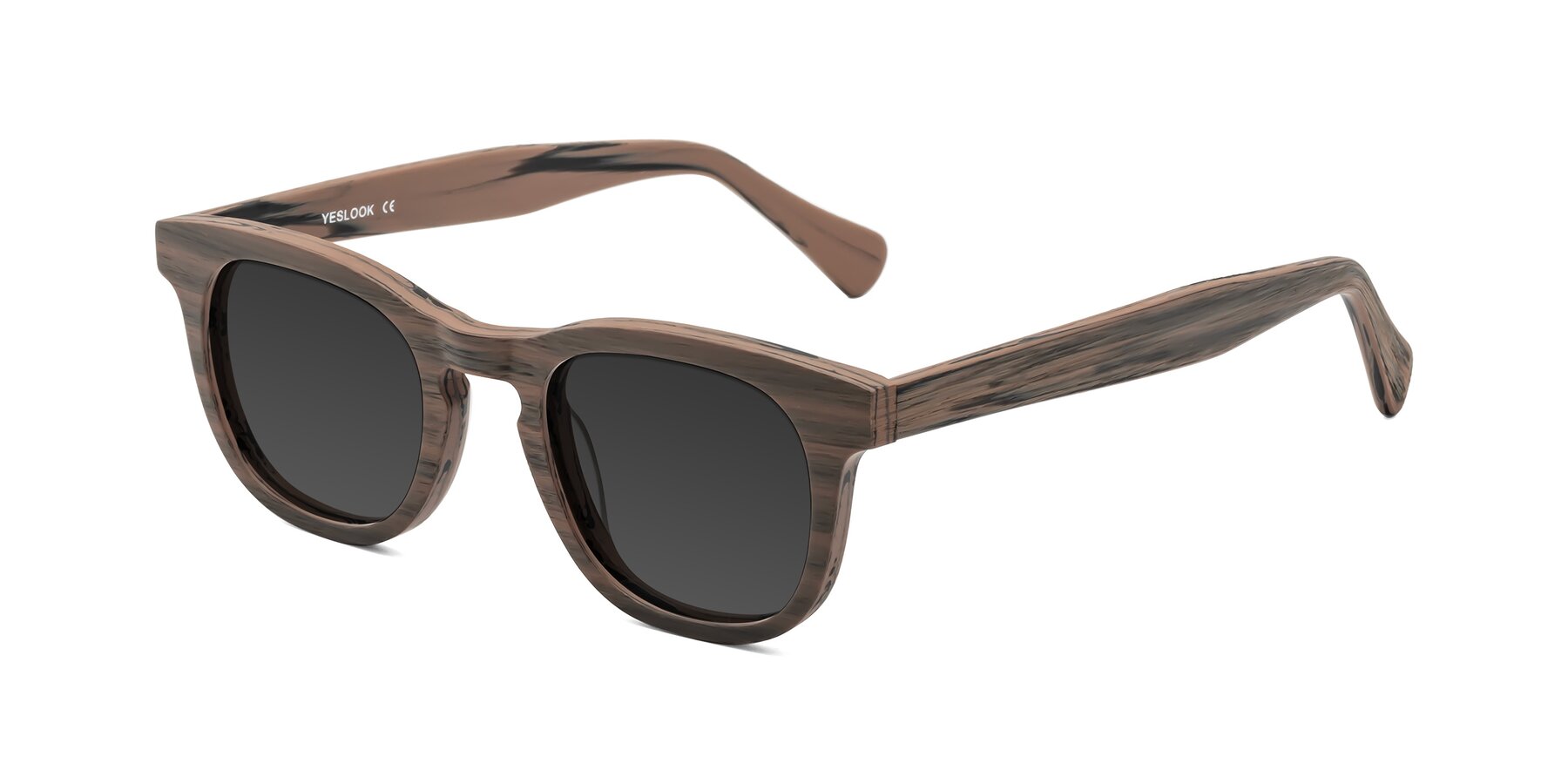 Angle of Tonia in Burnt Tan Woodgrain with Gray Tinted Lenses