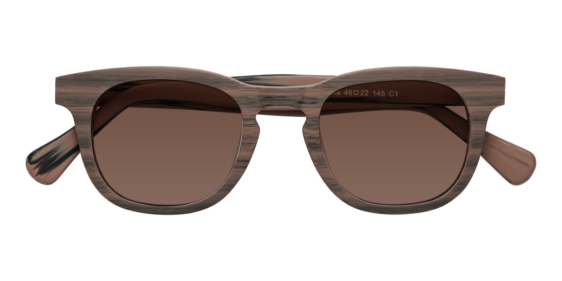 Folded Front of Tonia in Burnt Tan Woodgrain with Brown Tinted Lenses