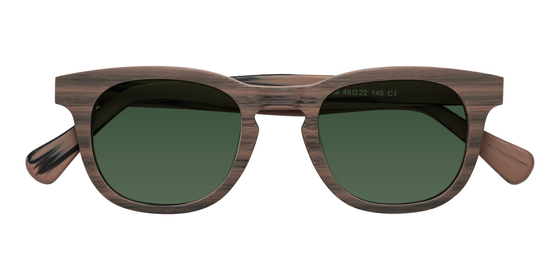 Folded Front of Tonia in Burnt Tan Woodgrain with Green Tinted Lenses