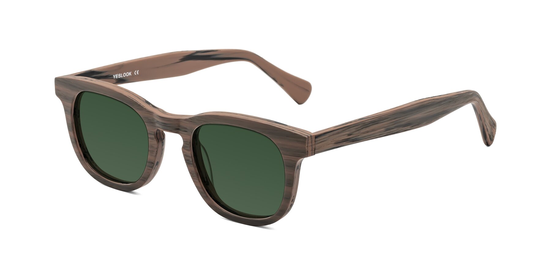 Angle of Tonia in Burnt Tan Woodgrain with Green Tinted Lenses