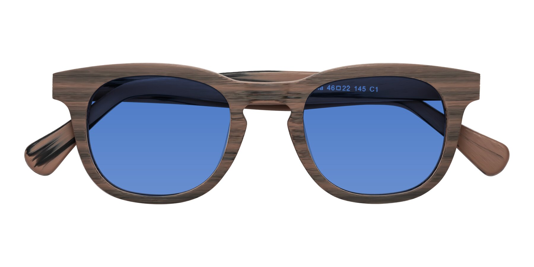 Folded Front of Tonia in Burnt Tan Woodgrain with Blue Tinted Lenses