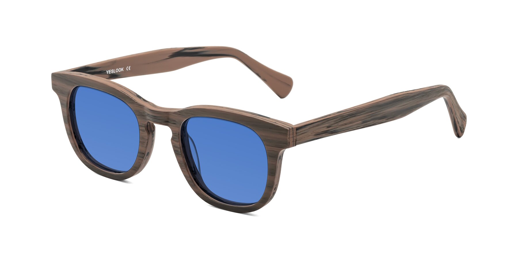 Angle of Tonia in Burnt Tan Woodgrain with Blue Tinted Lenses