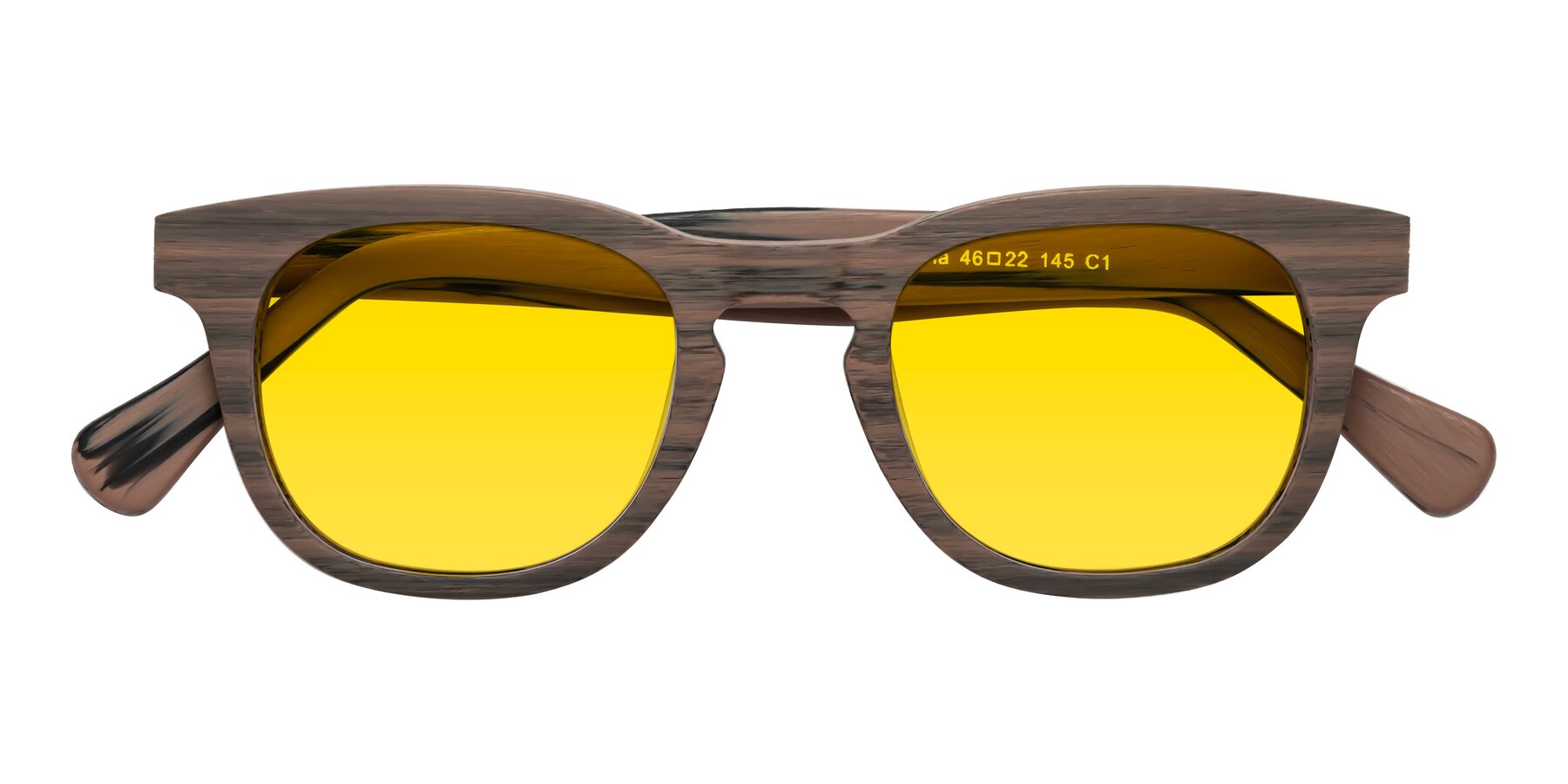 Folded Front of Tonia in Burnt Tan Woodgrain with Yellow Tinted Lenses